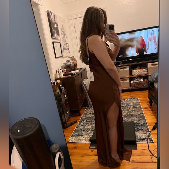 Rat & Boa Chocolate Brown Silky Slit Slip Dress - Picture 2 of 3